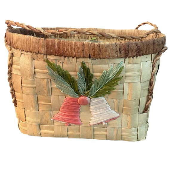 Vintage Christmas Bells Basket Raffia Design Philippines Lined for Plants - Picture 1 of 7